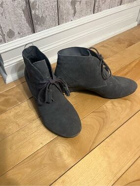 Crown Dark Gray Suede Wedge Ankle Booties with Tassel Laces